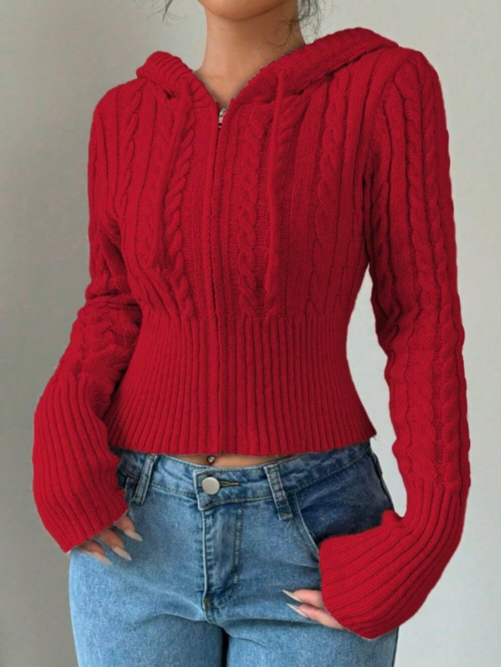 Red Casual Women's zip up Hooded sweater Cardigan